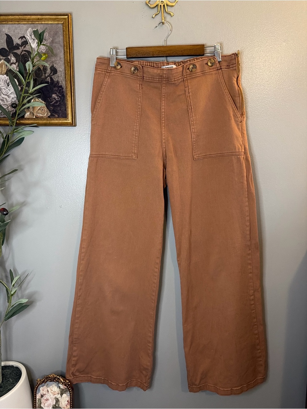 Kensie Wide Leg Crop Pants Size 12 Brown Utility Sailor Front High Rise Stretch - Picture 2 of 7